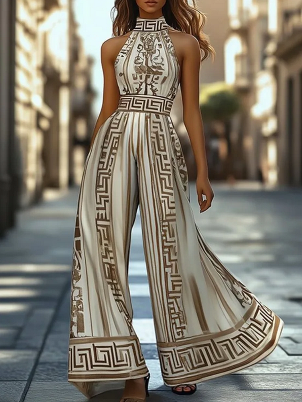Willa wearing a Grecian-style halter jumpsuit with wide legs on a city street
